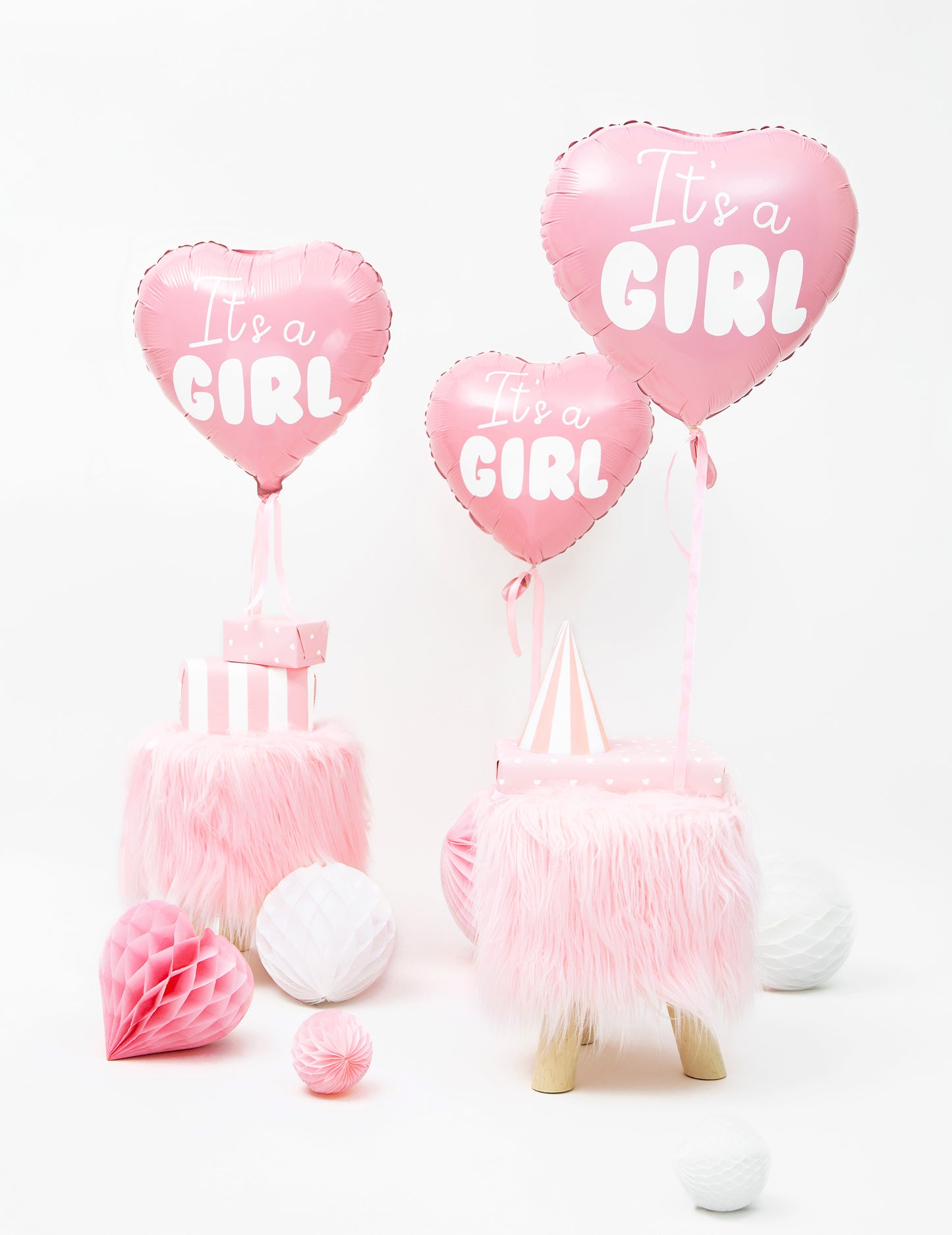 Rózsaszín szív alakú fólia lufi, "Itt a girl 45" cm babaváró bulira