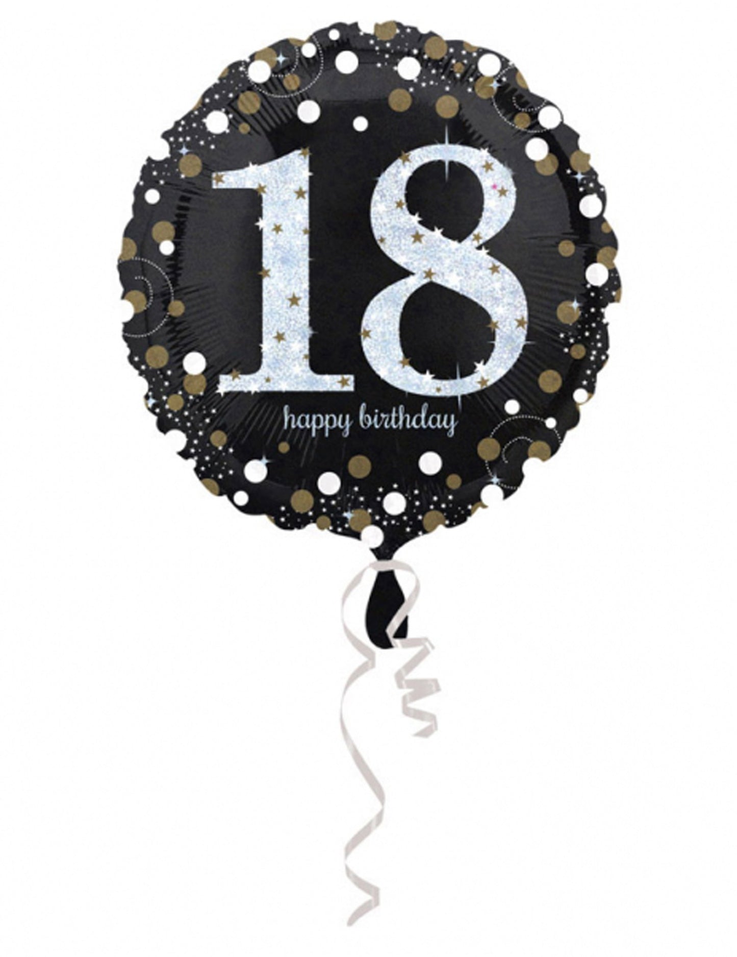 Ballon aluminium Happy Birthday 18 ans pour adulte noir et argenté holographique