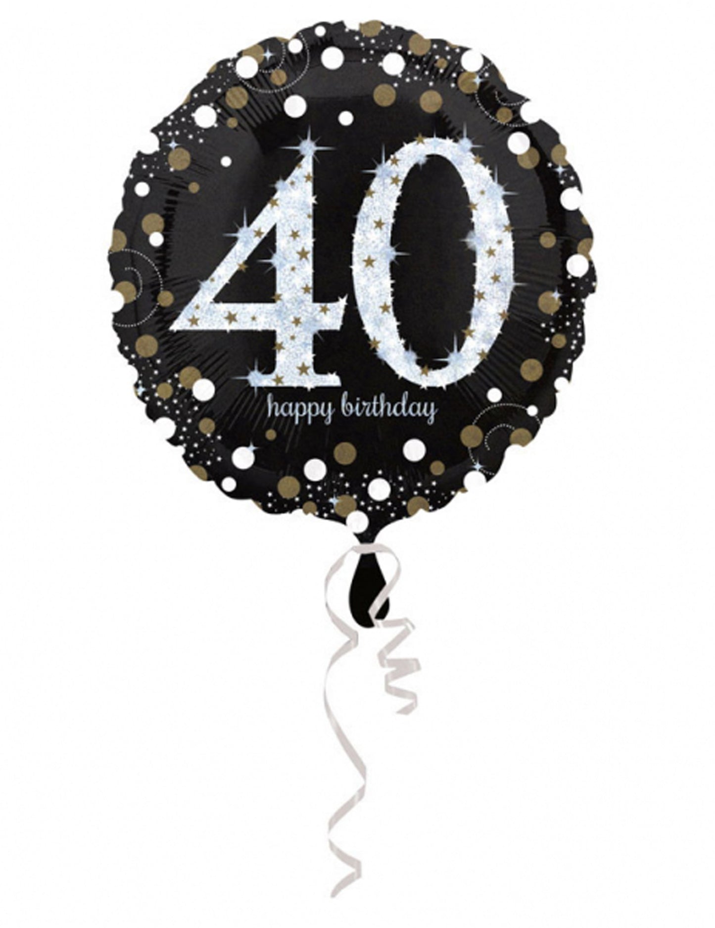 Ballon aluminium Happy Birthday scintillant 40 pour anniversaire noir avec pois dorés et blancs