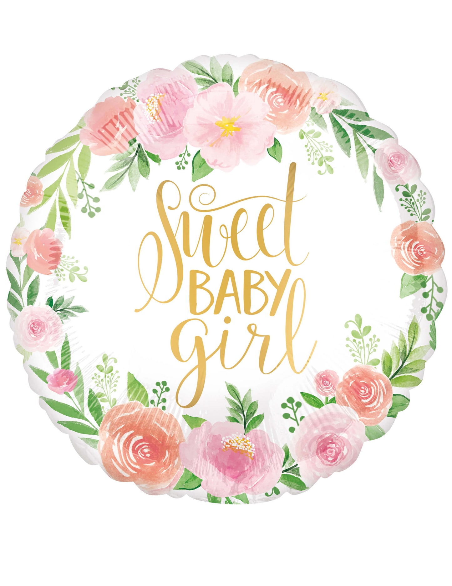 Ballon aluminium sweet baby girl pour baby shower blanc et doré avec fleurs roses