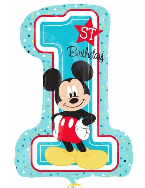 1-es számú alumínium lufi Mickey egér égkék színben, 1st Birthday felirattal