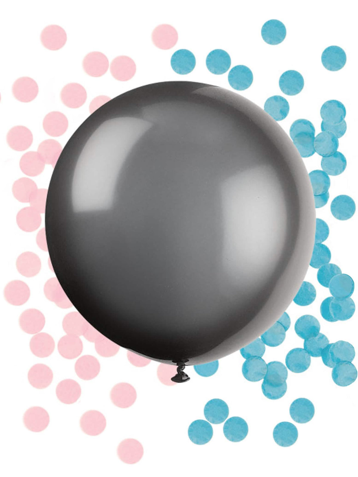 Óriás latex lufi babaváró bulira gender reveal fekete rózsaszín és kék konfettivel