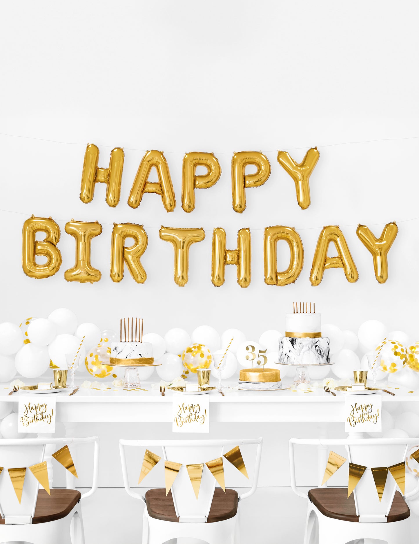 Arany Boldog születésnapot feliratos fólia lufik 35 db cm egy füzérben