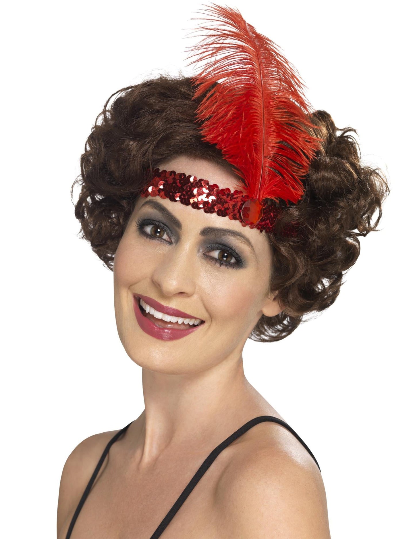 Vue de trois-quarts du bandeau Charleston pour femme à sequins et plume rouge
