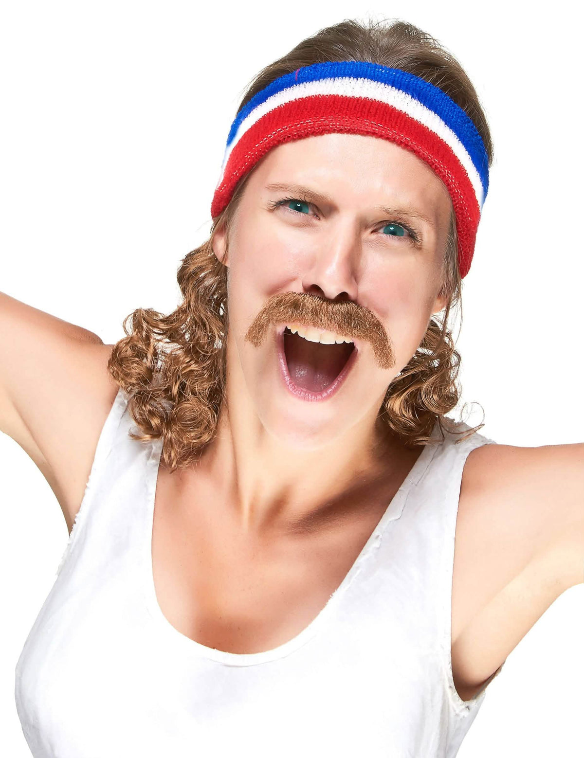 Elölnézet a kék-fehér-piros mullet fejpántról