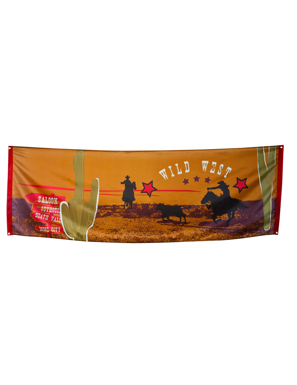 western banner narancssárga és barna bulira cowboy sziluettekkel és kaktuszokkal