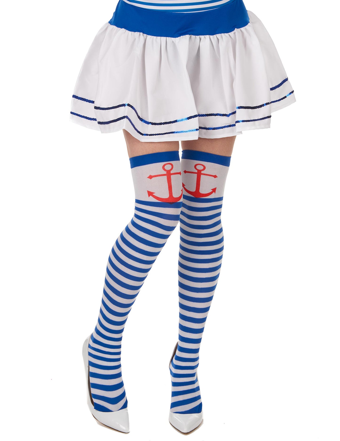Kék és fehér csíkos női tengerész nadrág piros horgonyjal