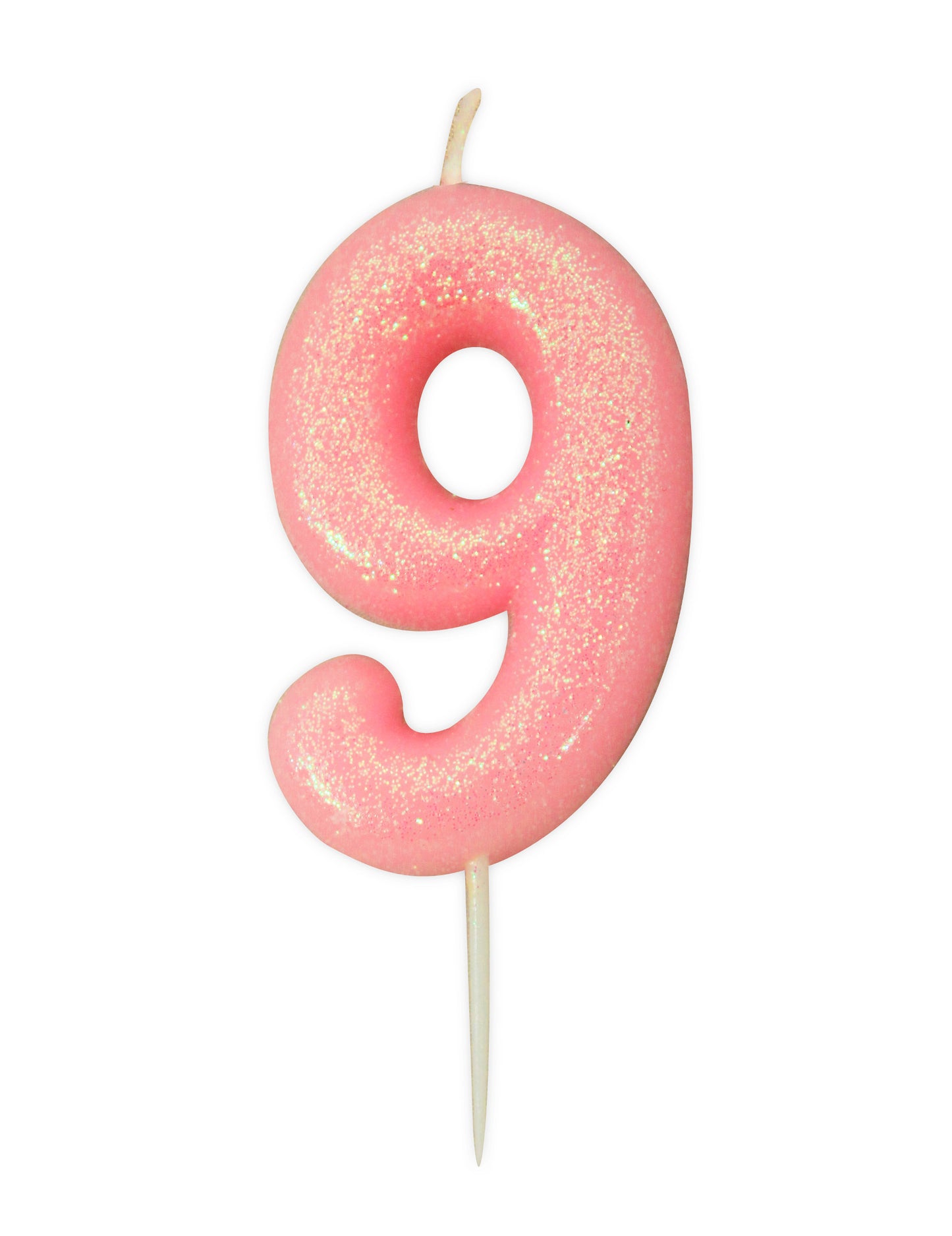 Rózsaszín irizáló 9-es számú születésnapi gyertya, 9 cm csillámos, tortára