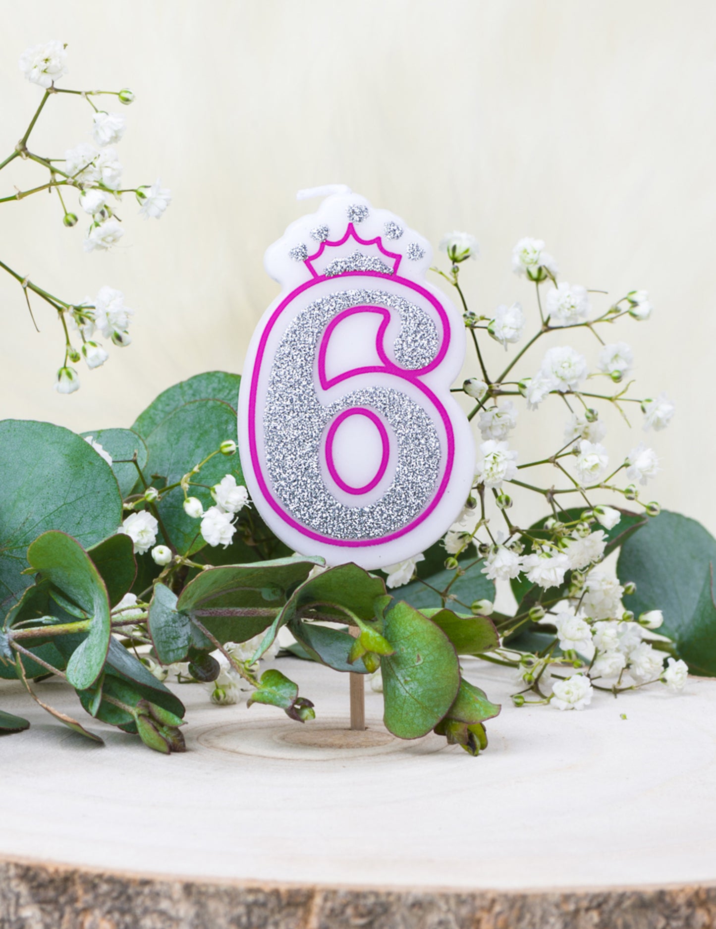 Hercegnő 6-os születésnapi gyertya 5.8 cm csillogó rózsaszín