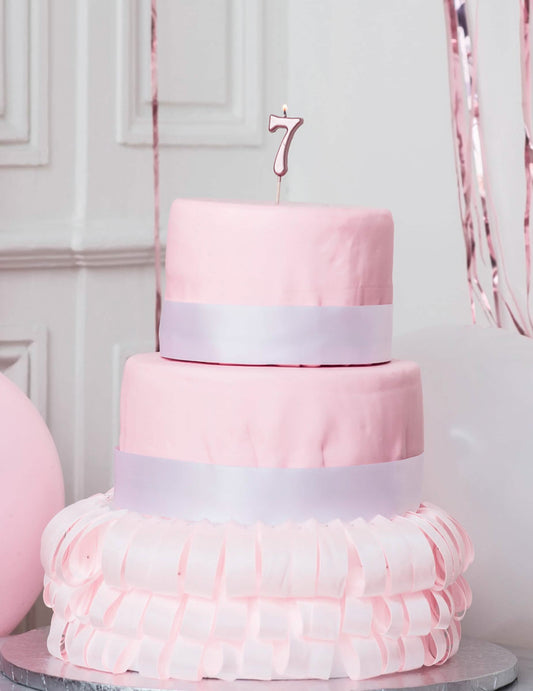 Mise en situation sur un gâteau de la bougie d'anniversaire chiffre 7 rose gold métallisée