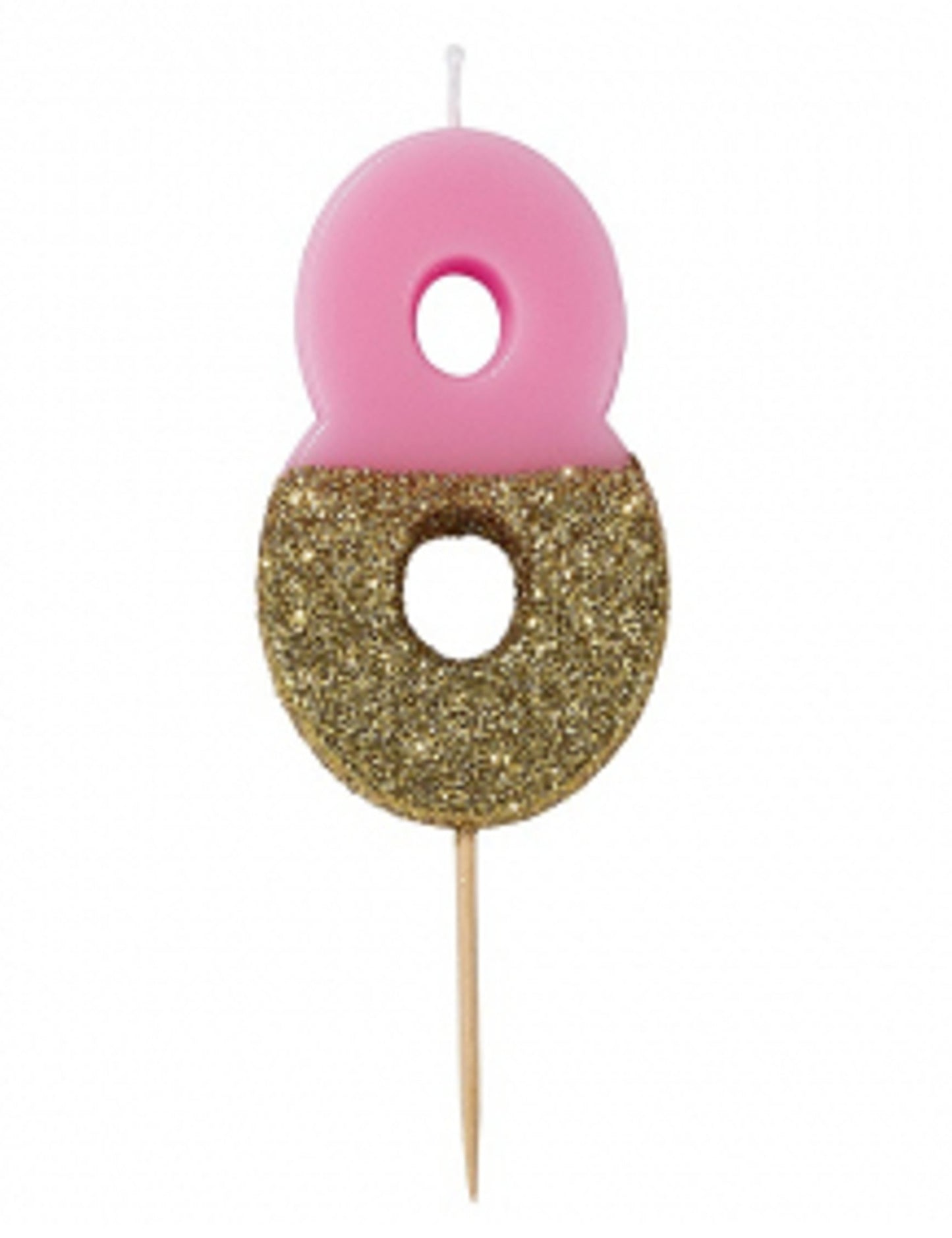 8-as számú rózsaszín és arany csillámos gyertya pálcikán, 13.8 cm születésnapi tortához