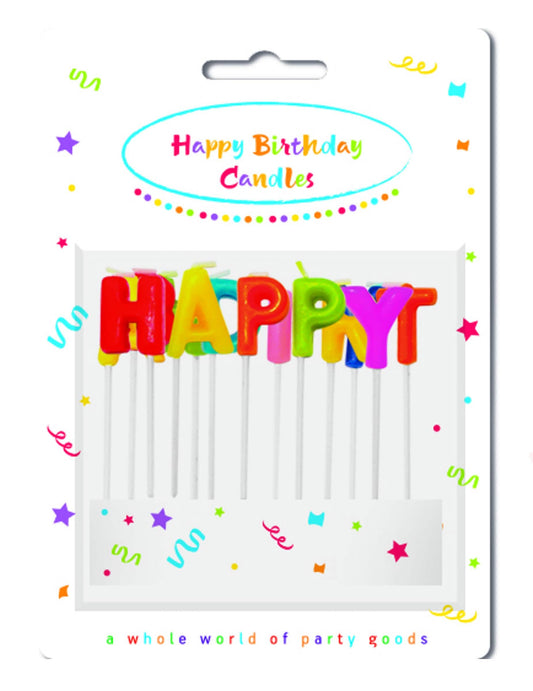 Vue de l'emballage des bougies Happy Birthday sur pique multicolore