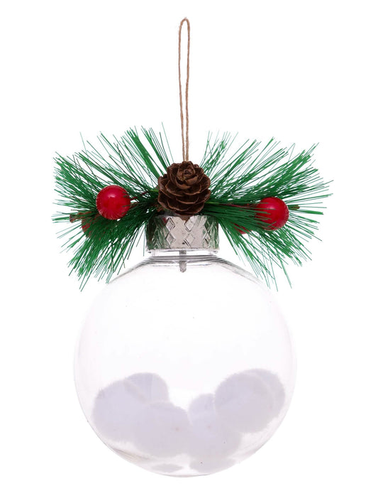 Vue de face de la boule de Noël naturelle avec neige et sapin