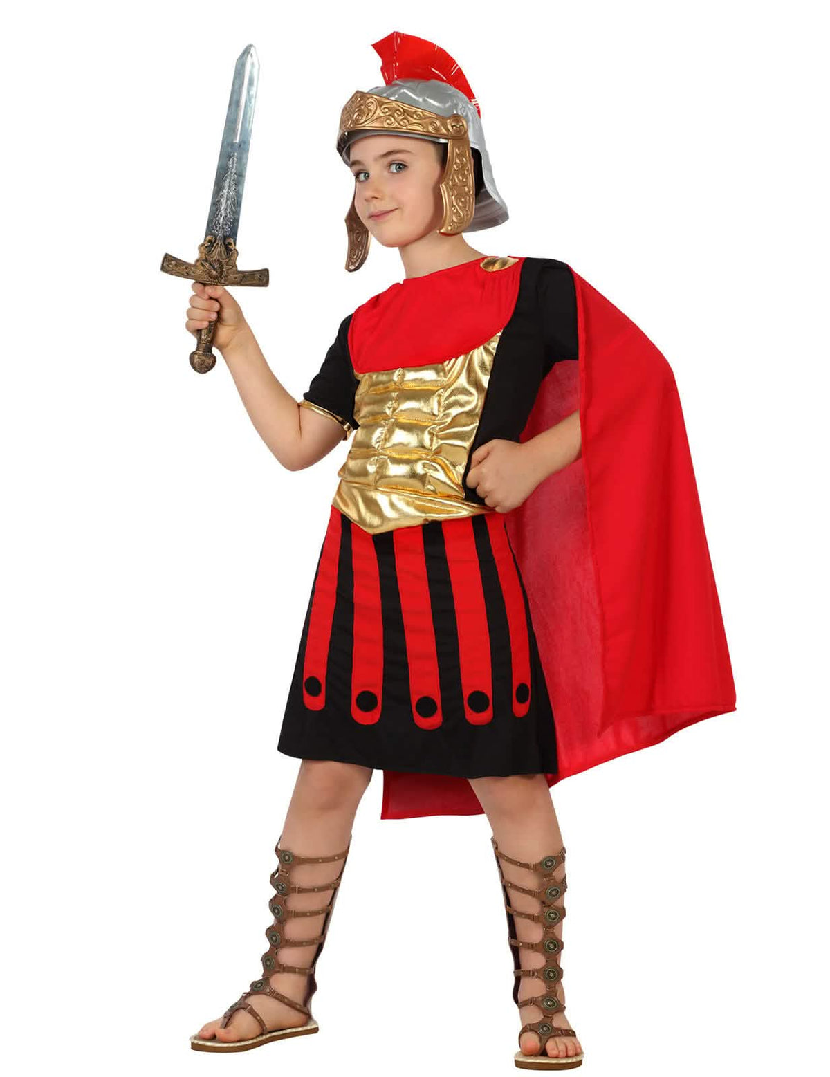 Római centurióna gyermek jelmez piros, fekete és arany színben köpennyel és sisakkal