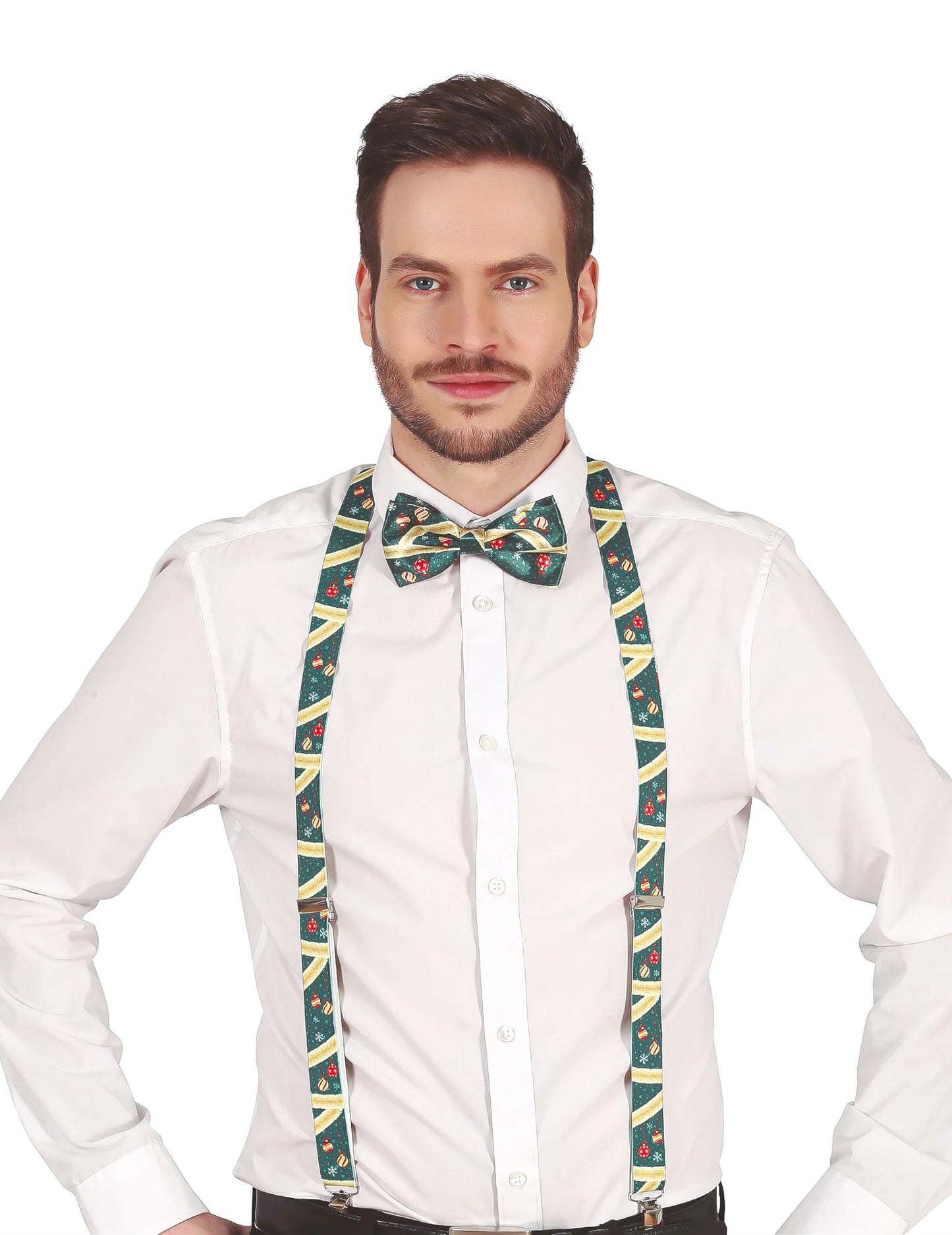 Bretelles de Noël pour adulte vertes avec motifs festifs et nœud papillon assorti