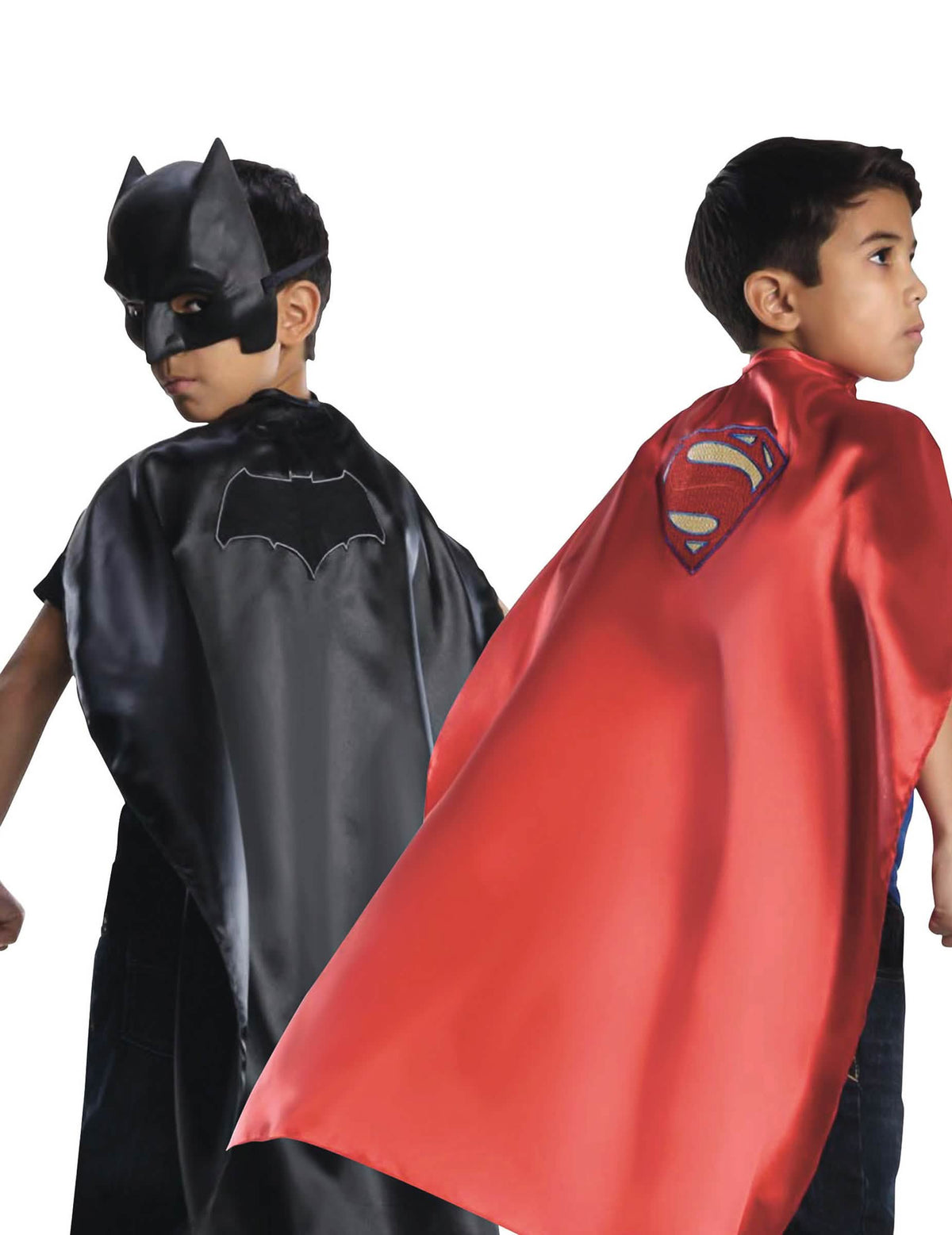Kétoldalas Batman VS Superman gyermek köpeny fekete és piros színben logóval és maszkkal