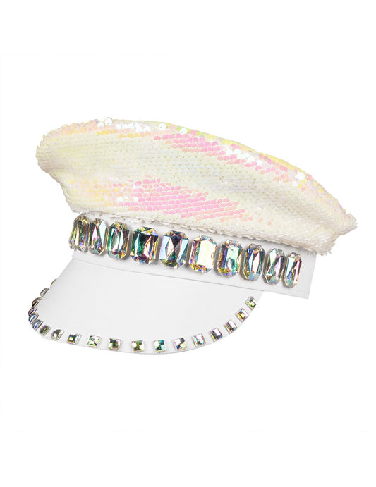 Vue de profil de la casquette à sequins réversibles pour adulte nacre et blanc