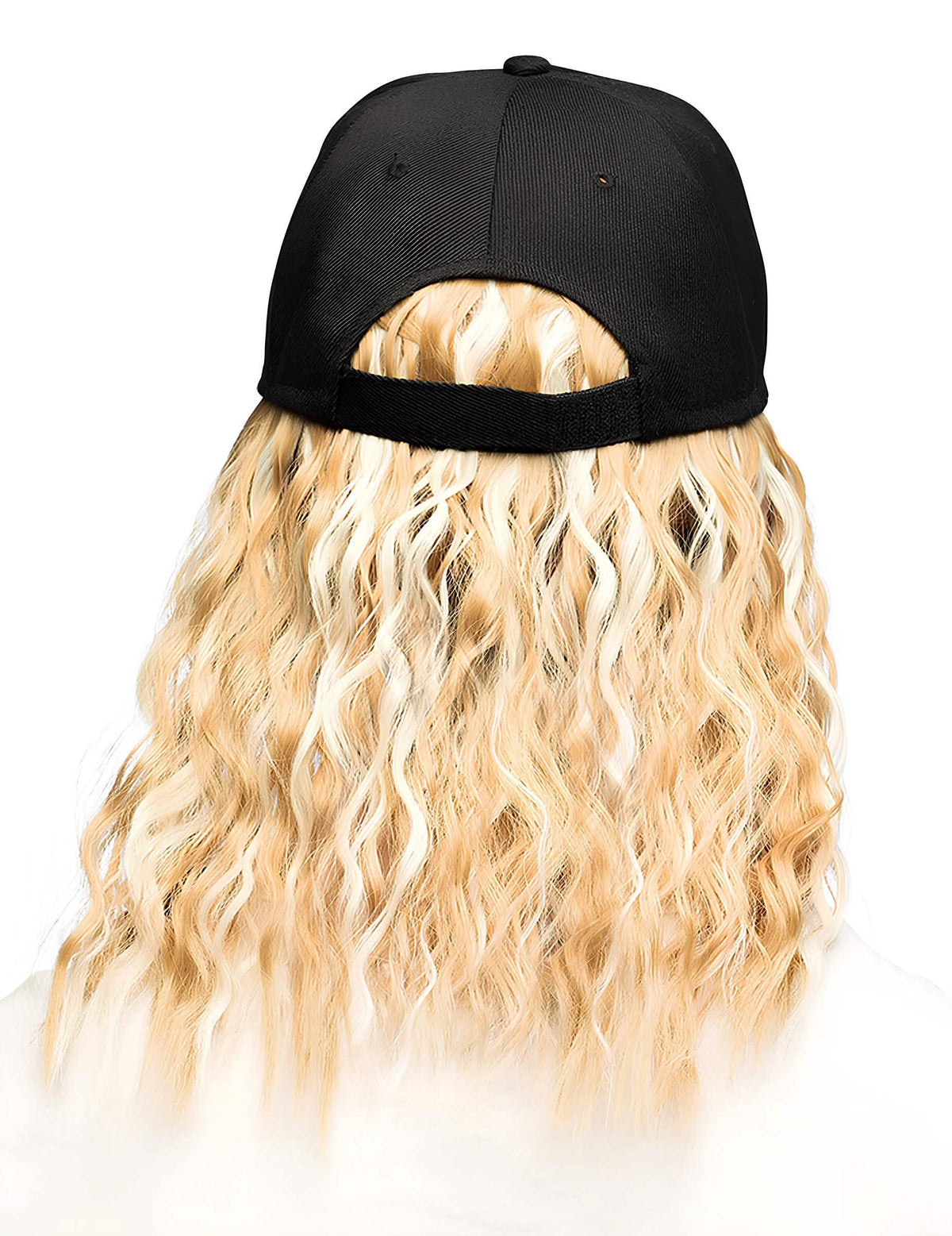 Vue de dos de la casquette avec perruque blonde