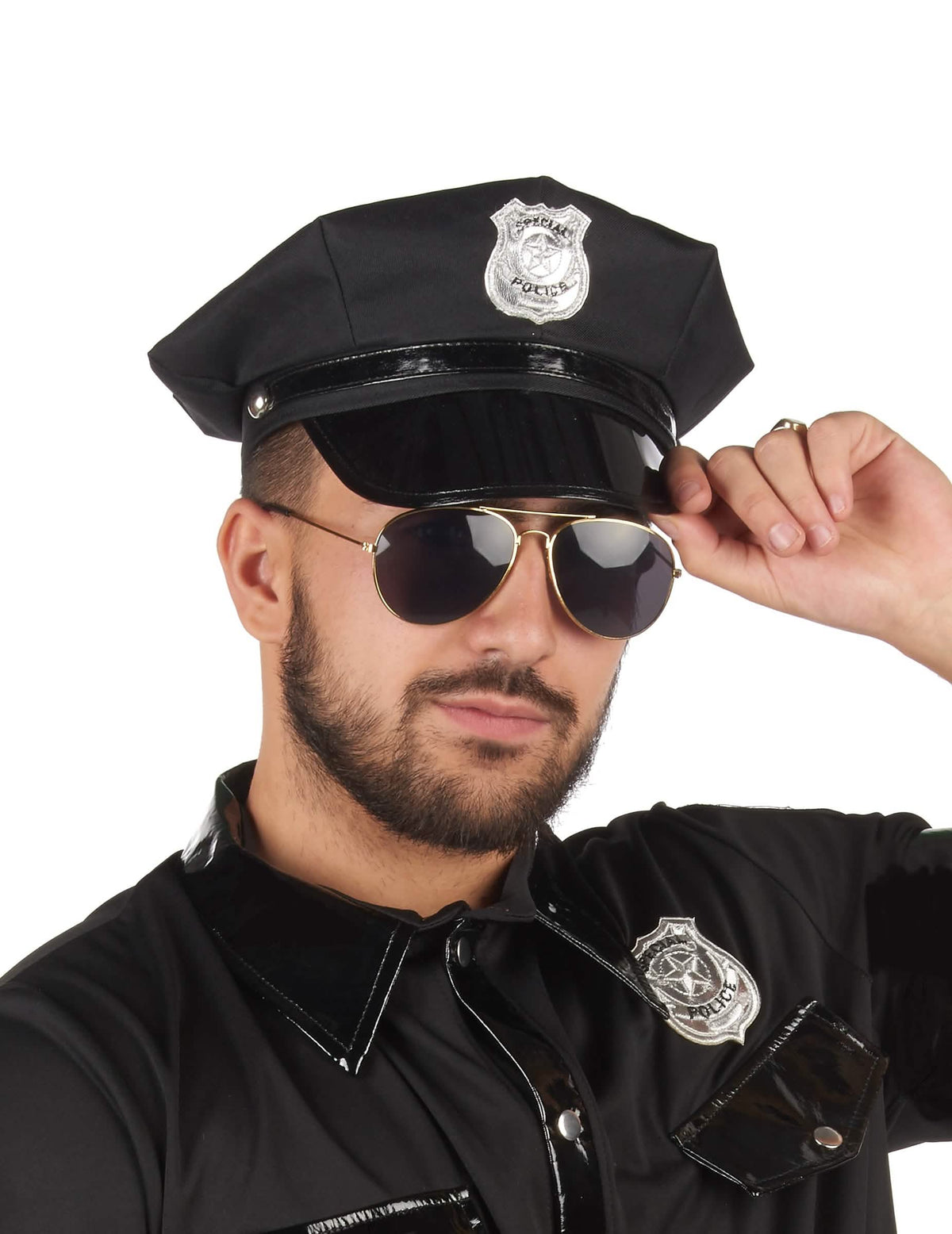 Felnőtt fekete rendőrség sapka ezüst jelvénnyel