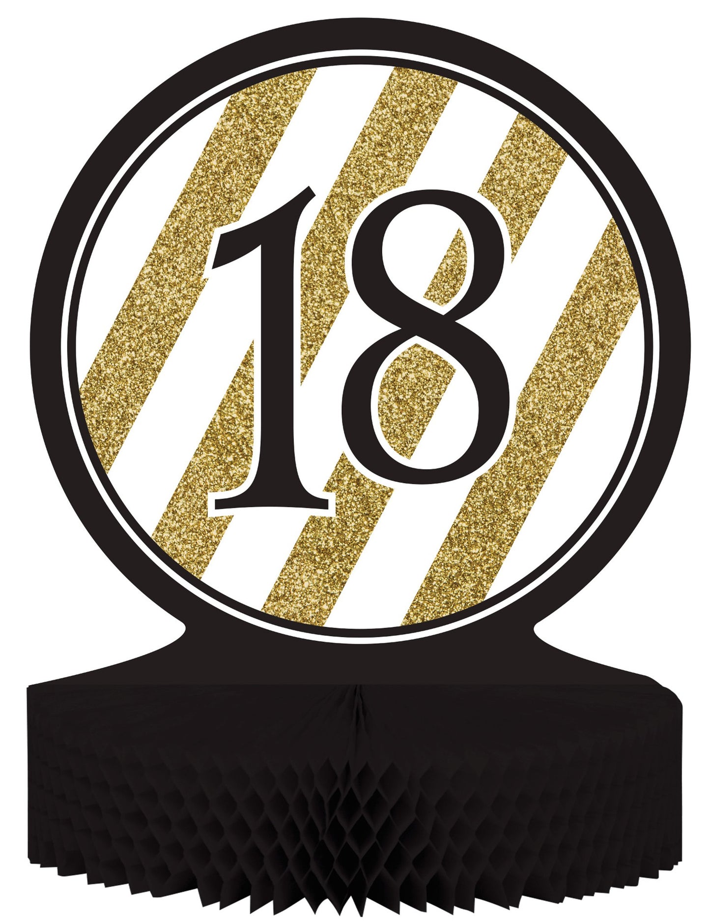 Centre de table en papier alvéolé 18 ans pour anniversaire noir et doré à paillettes