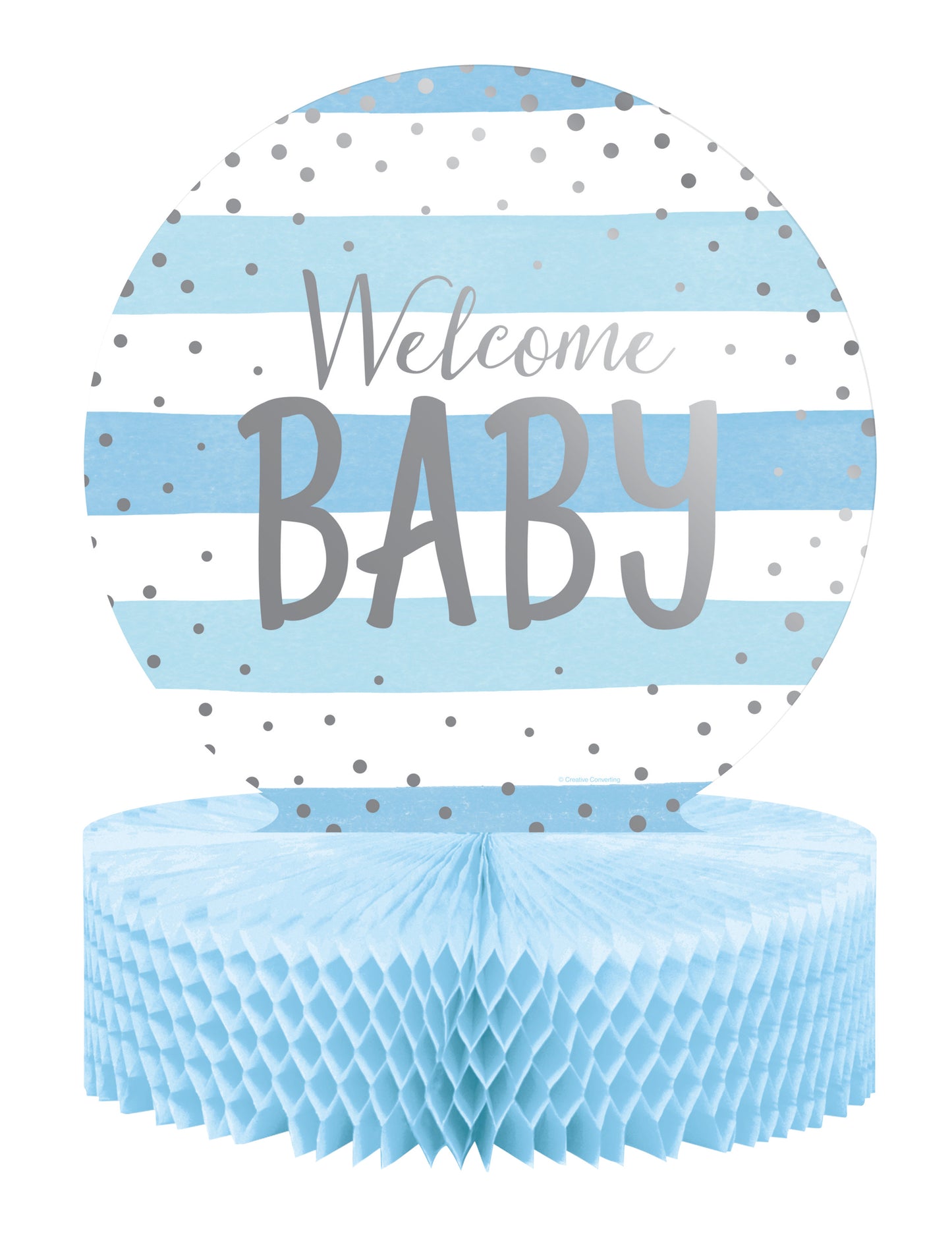 Kék és fehér méhsejt papír asztaldísz, "Welcome Baby" mintával, 23 x 30,5 cm cm