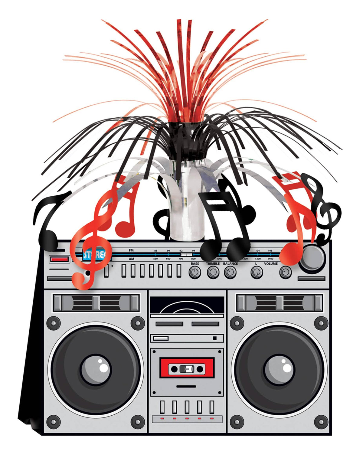 80-as évekbeli boom box asztaldísz ezüst, piros és fekete hangjegyekkel