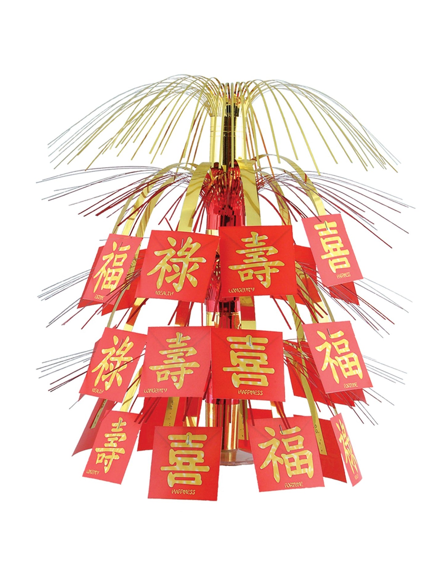 Piros és arany kínai újévi asztaldísz szerencse szimbólumokkal