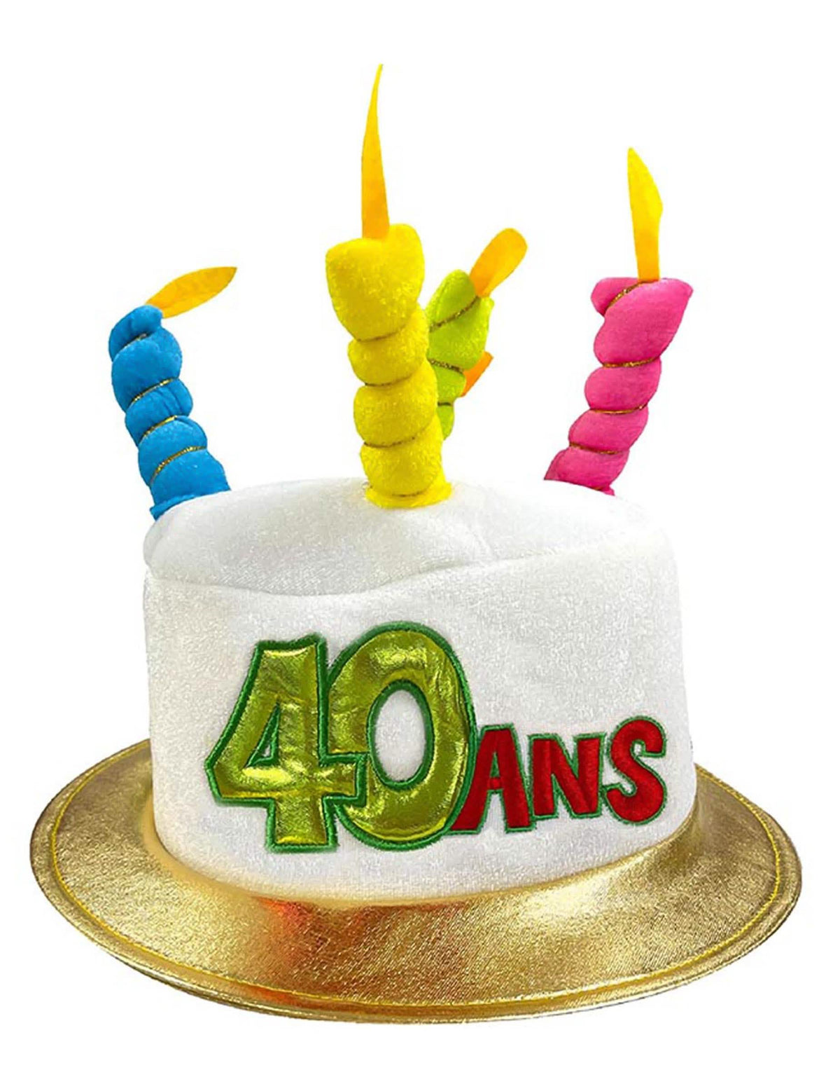 születésnap 40 év felnőtt fehér kalap torta alakú színes gyertyákkal