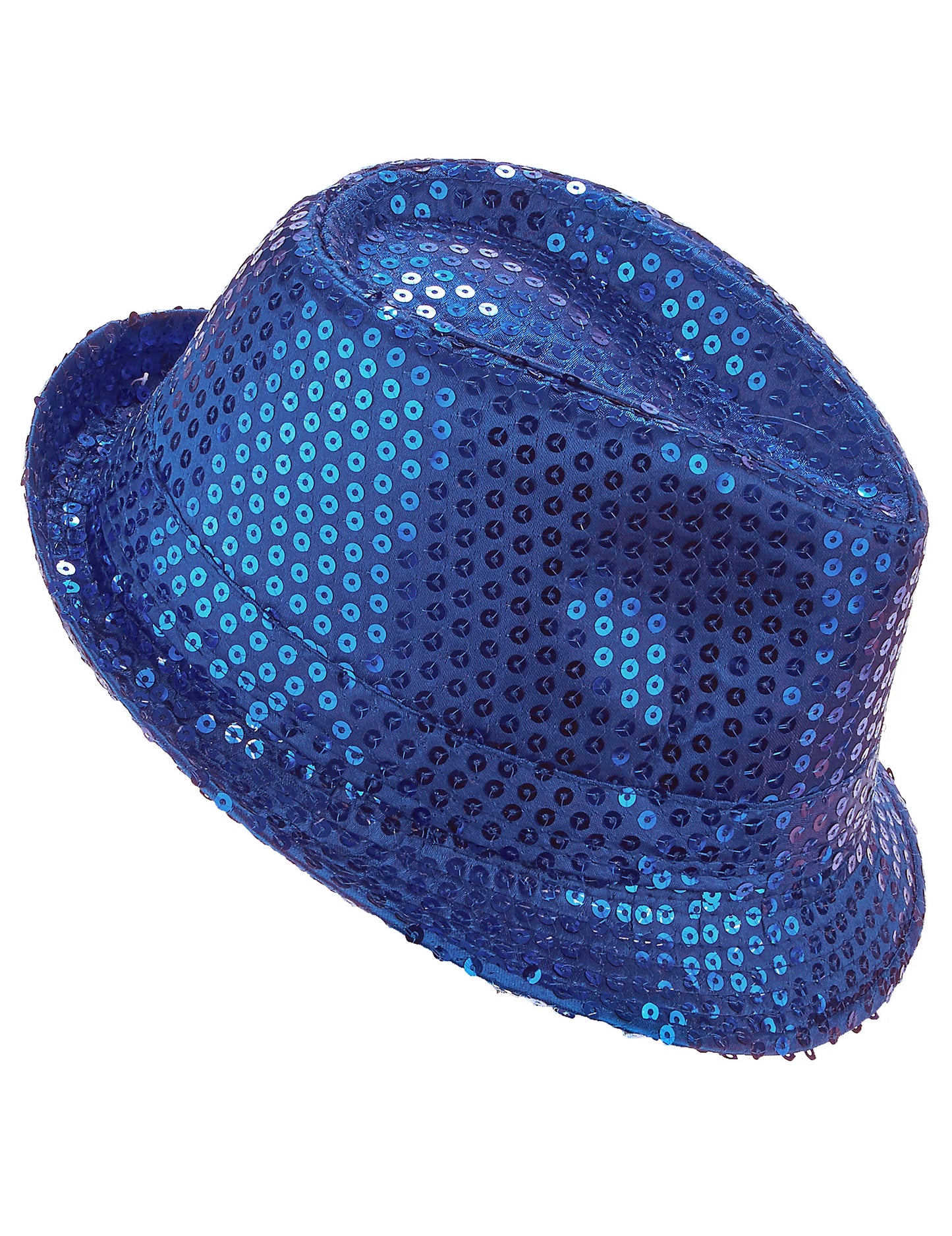 Vue de profil du chapeau borsalino à sequins pour adulte bleu foncé
