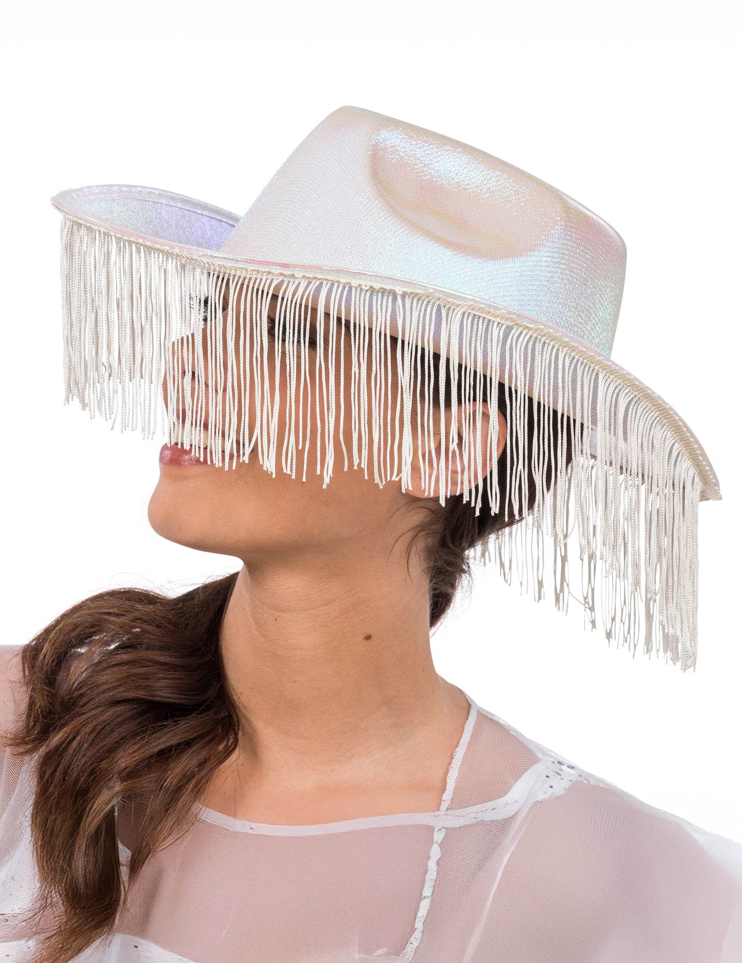 Fehér irizáló cowboy kalap felnőtt rojtokkal