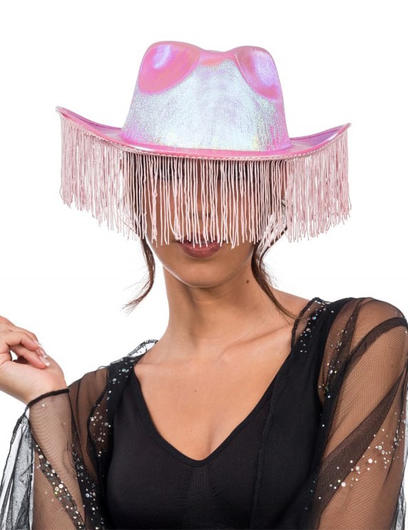 Rózsa irizáló cowboy kalap felnőtt rojtokkal