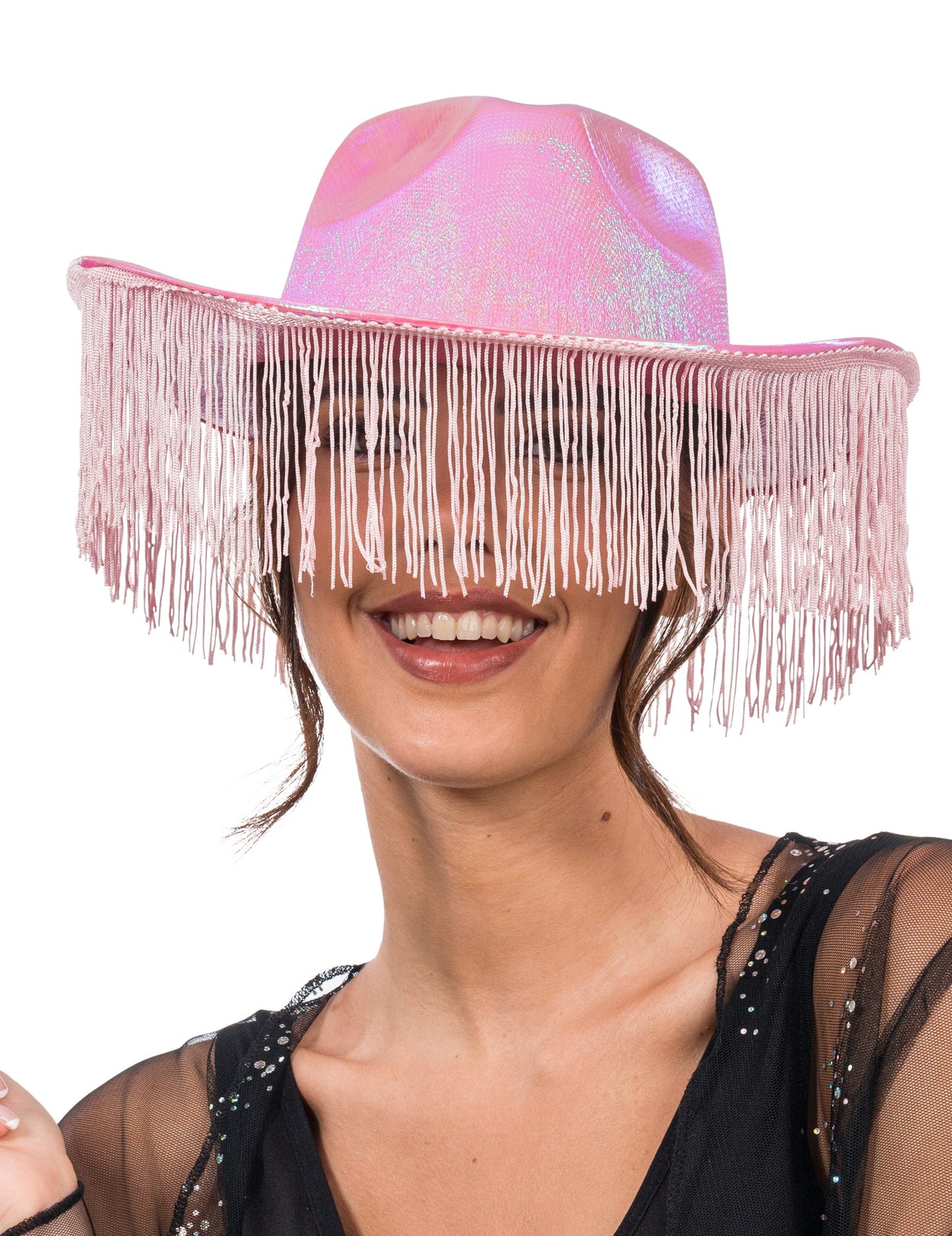 Rózsa irizáló cowboy kalap felnőtt rojtokkal