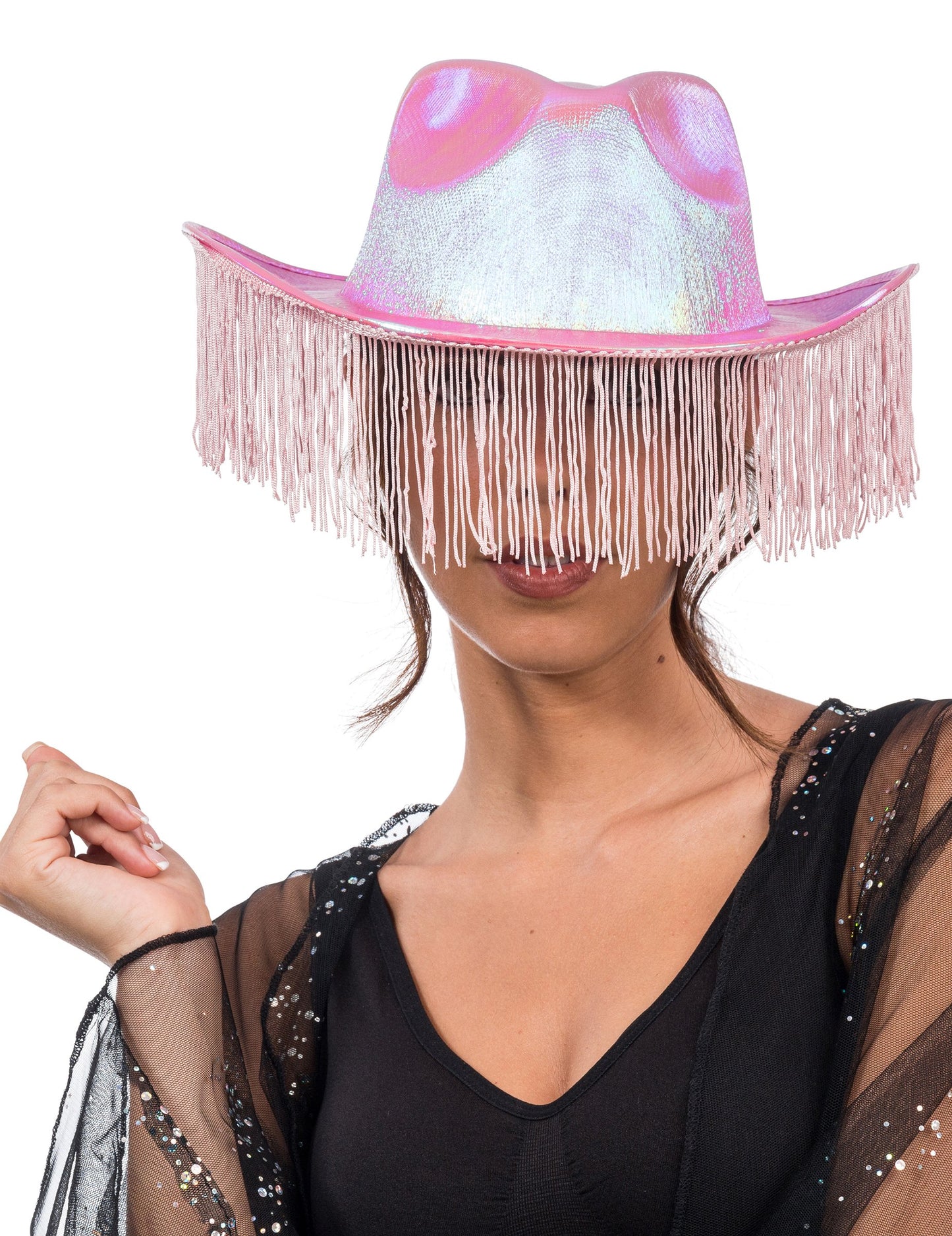 Rózsa irizáló cowboy kalap felnőtt rojtokkal