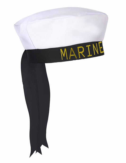 Vue de profil et détail du ruban du chapeau de marin pour adulte