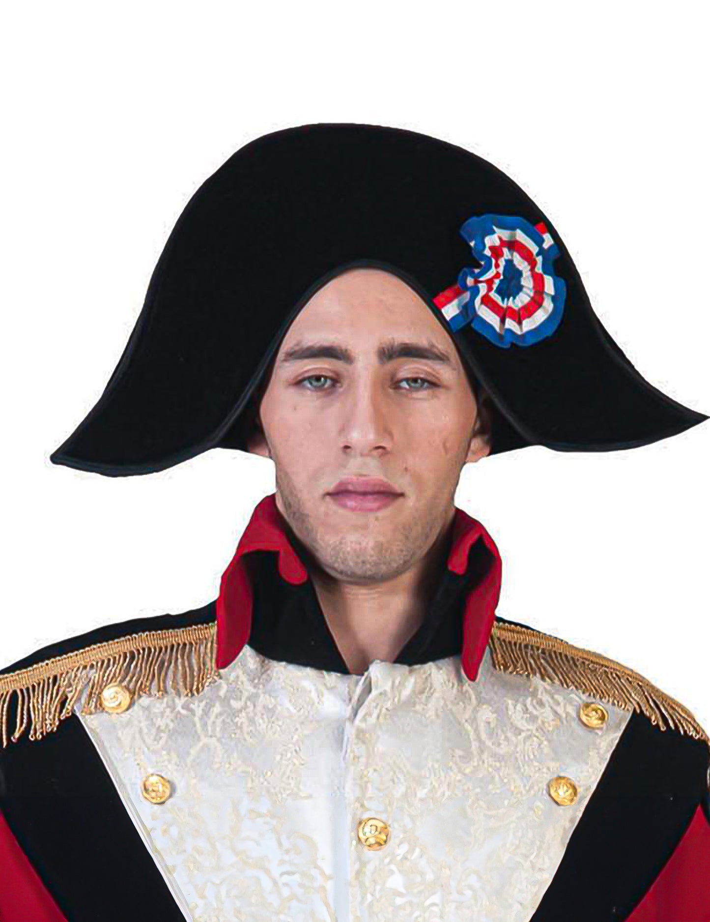 Felnőtt fekete Napoleon kalap kék-fehér-piros kokárdával
