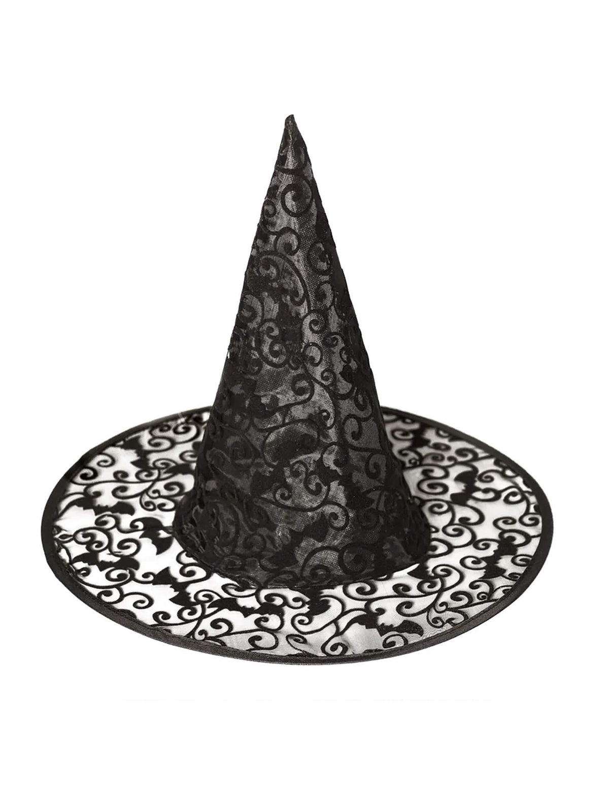 Halloween boszorkánykalap csipkés denevérmintáinak részletei