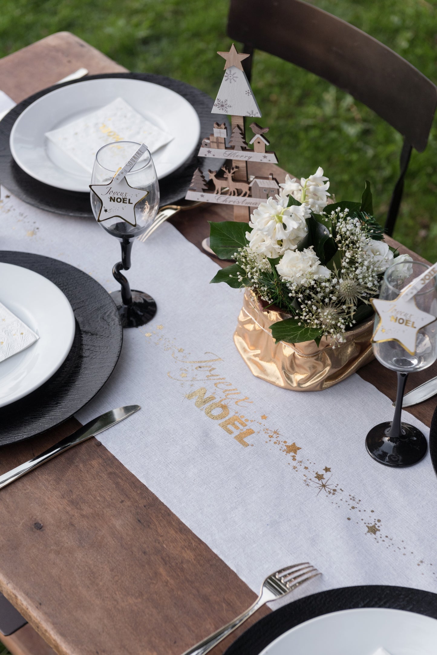 3 méteres pamut asztali futó - Boldog karácsonyt, krémfehér és csillagok