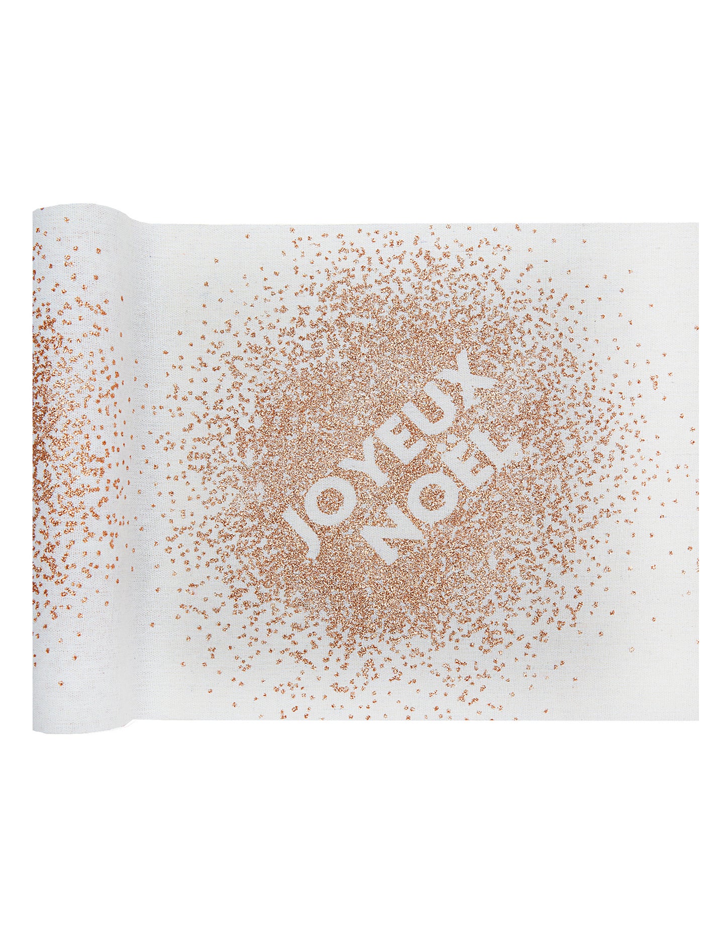 Fehér pamut asztali futó rozéarany csillámmal és "Boldog karácsonyt" mintával, 3m x 28cm cm