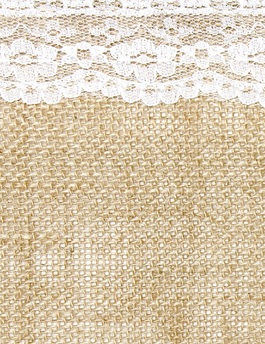 Détail de la bordure en dentelle du chemin de table en jute bordures dentelle pour mariage