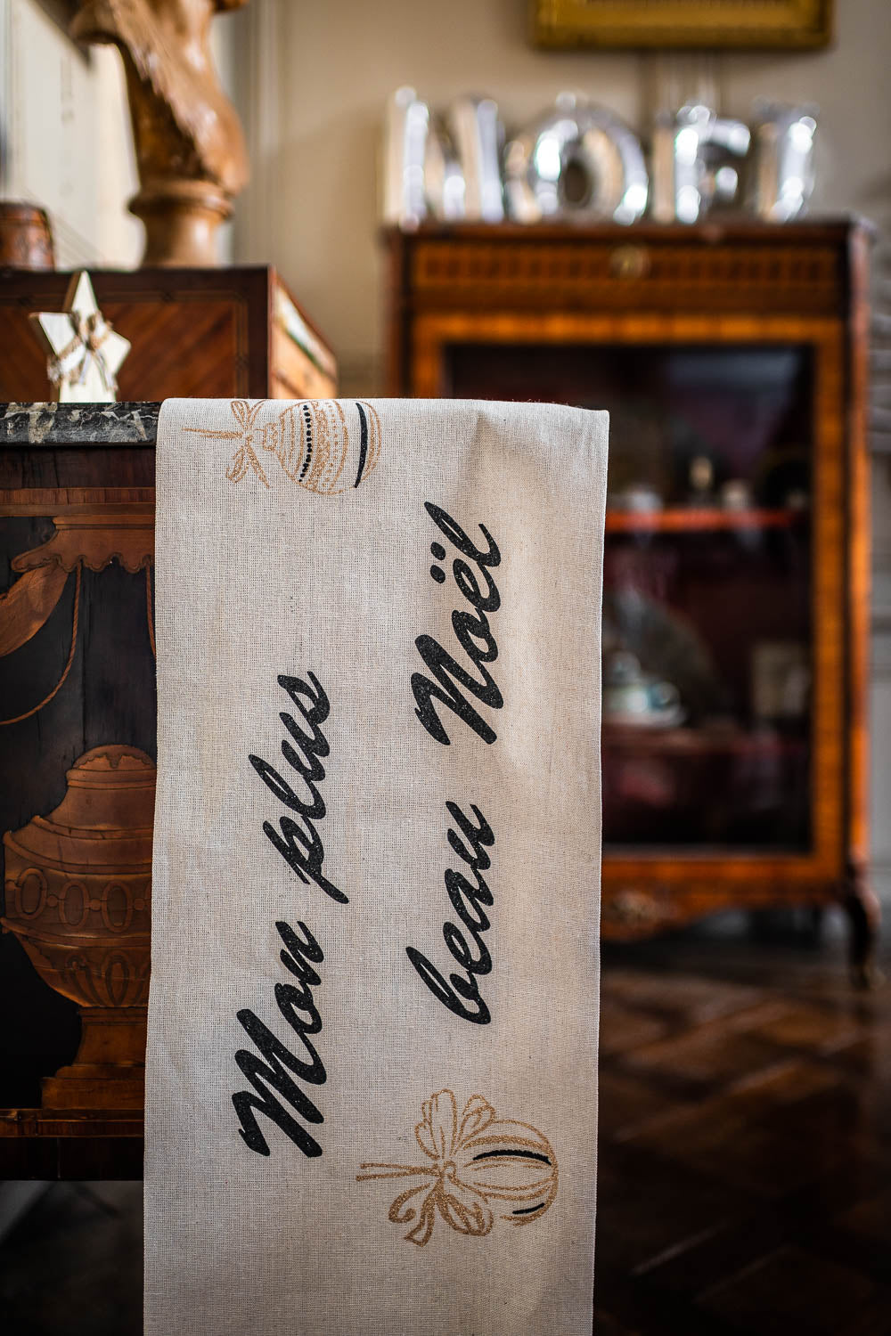 Vászon asztali futó, a legszebb karácsonyom, fekete és arany, 28 cm x 5 m natúr