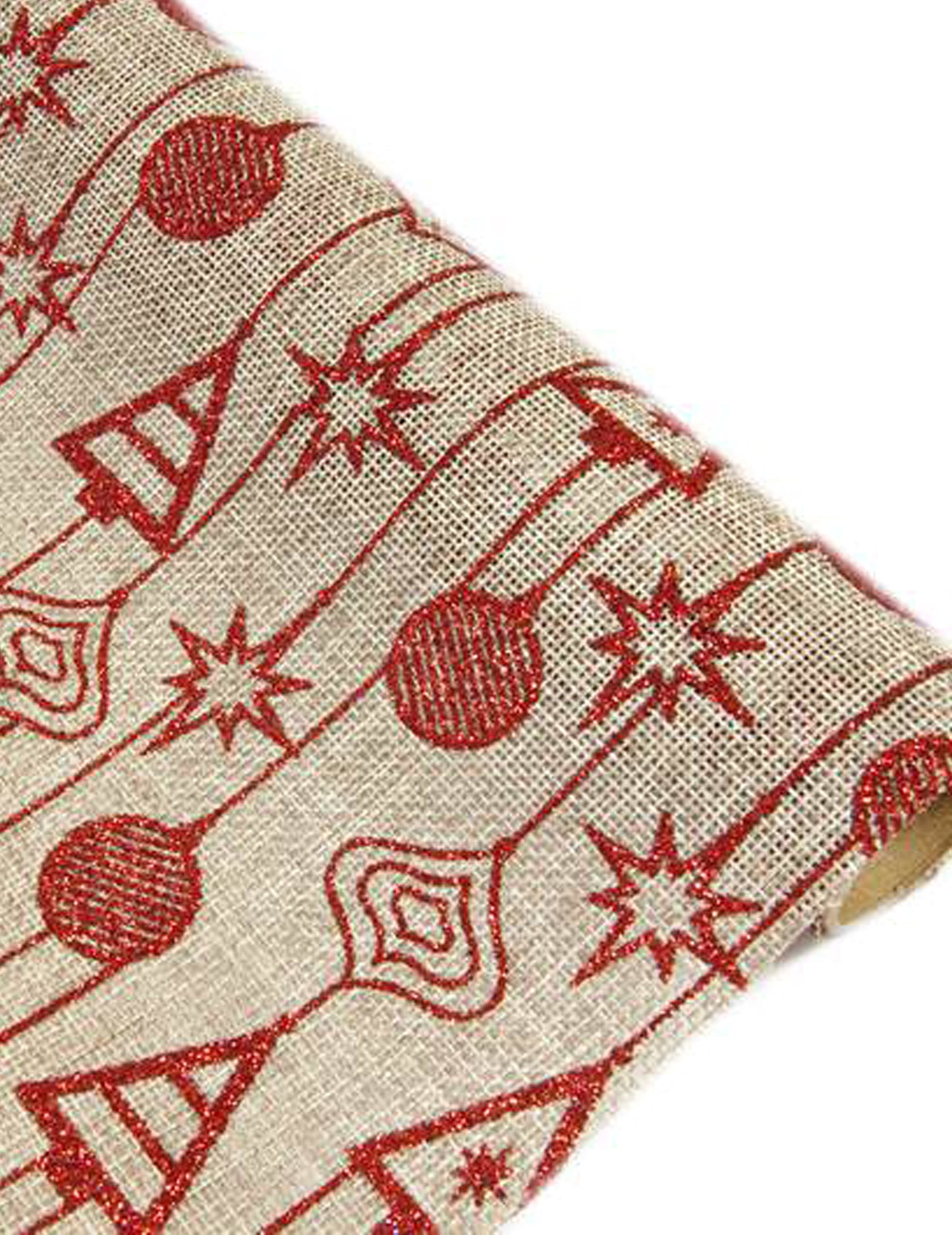 Piros gömbdísz és fenyőfa mintás vászon asztali futó, 4m x 28m cm karácsonyra