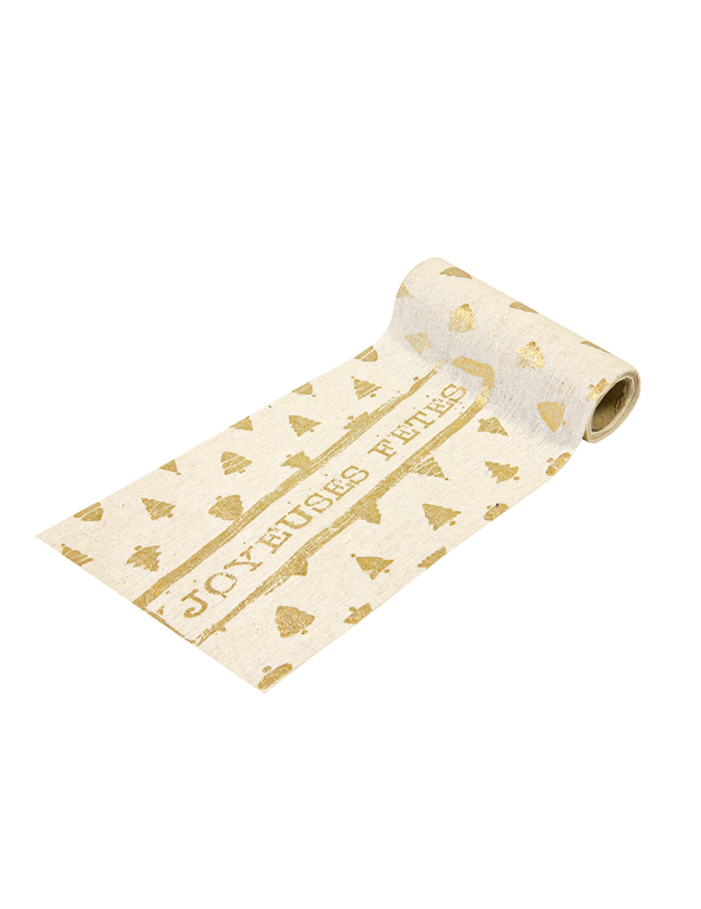 Happy Holidays asztali futó natúr arany vászonból, 4m x 14m cm Karácsonyfa motívumok