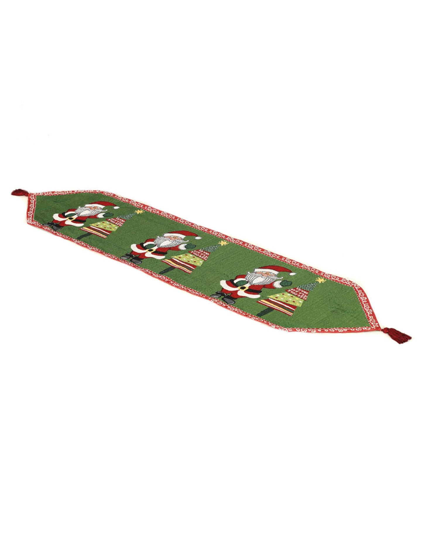 Chemin de table Noël pour décoration de fête vert à motifs Père Noël avec tassels