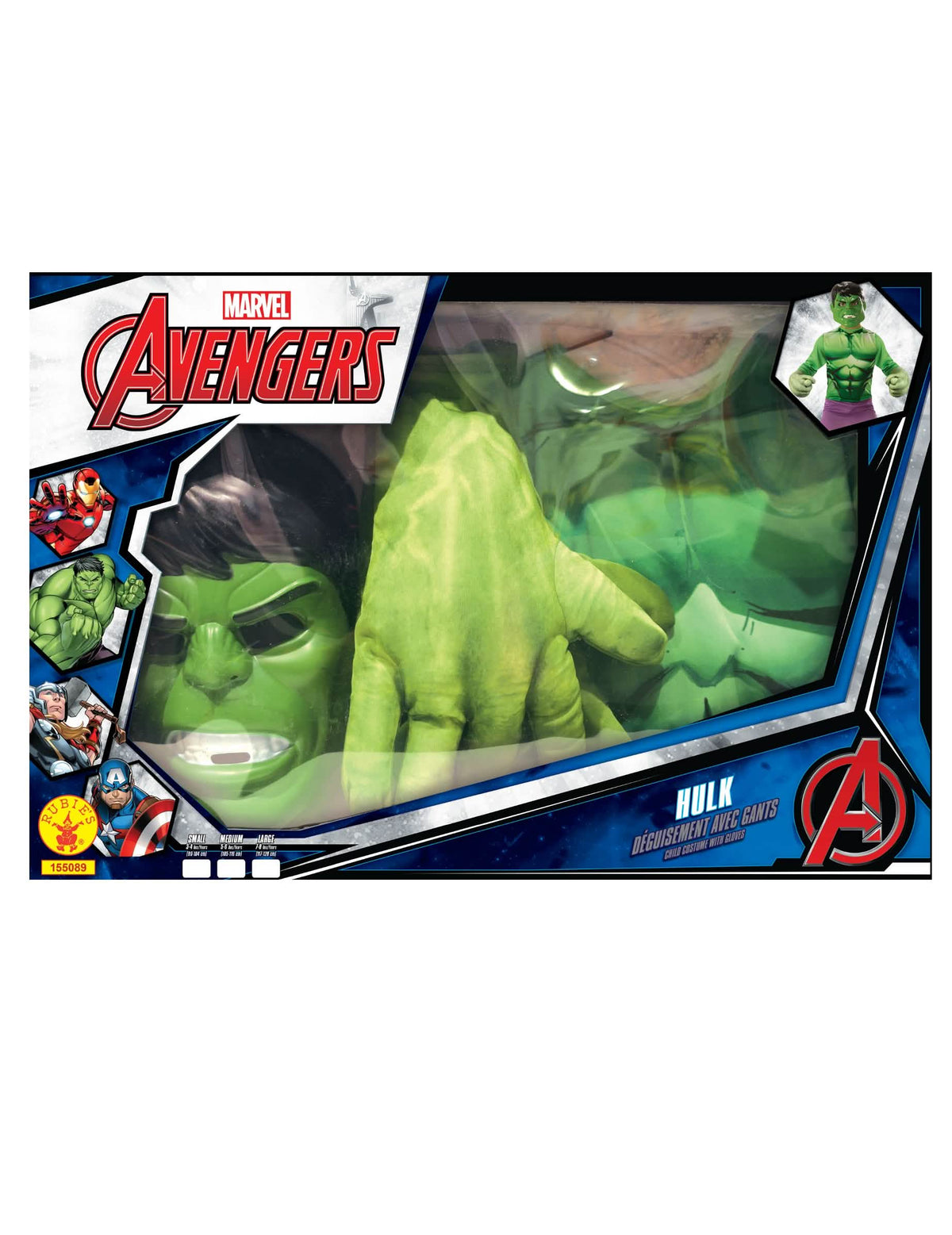 Csomagolás nézete maszkkal és kesztyűkkel, a klasszikus Hulk készletből fiúknak való óriás kesztyűkkel