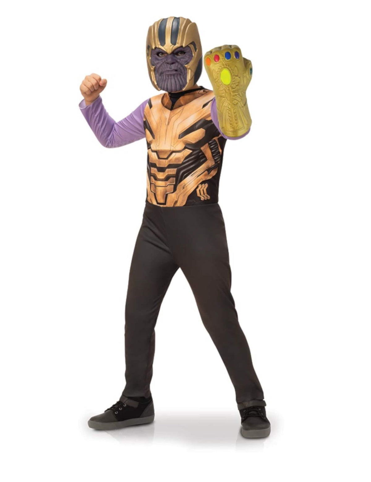Thanos gyermek jelmez arany és lila színben, kesztyűvel