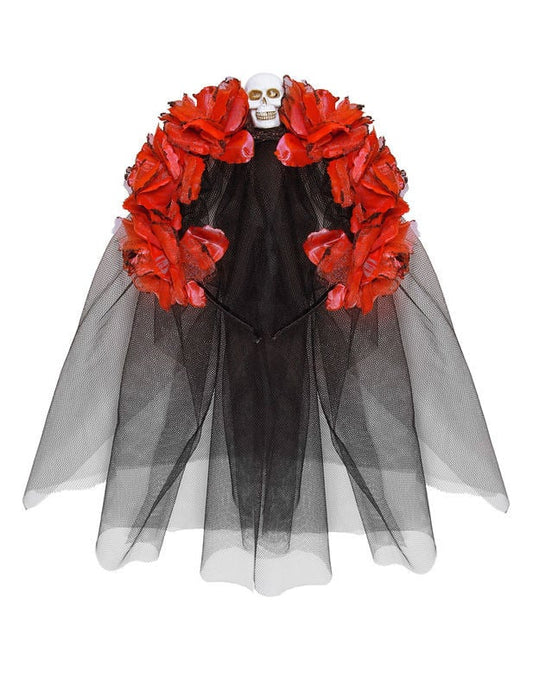 Vue de face du voile noir et des roses de la coiffe fleurs rouges avec tête de mort Dia de los muertos pour femme