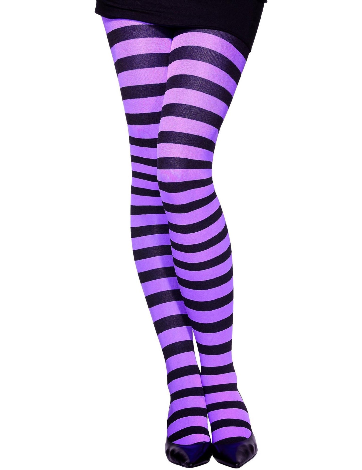 Frontal nézet a lila és fekete csíkos harisnyáról lányoknak
