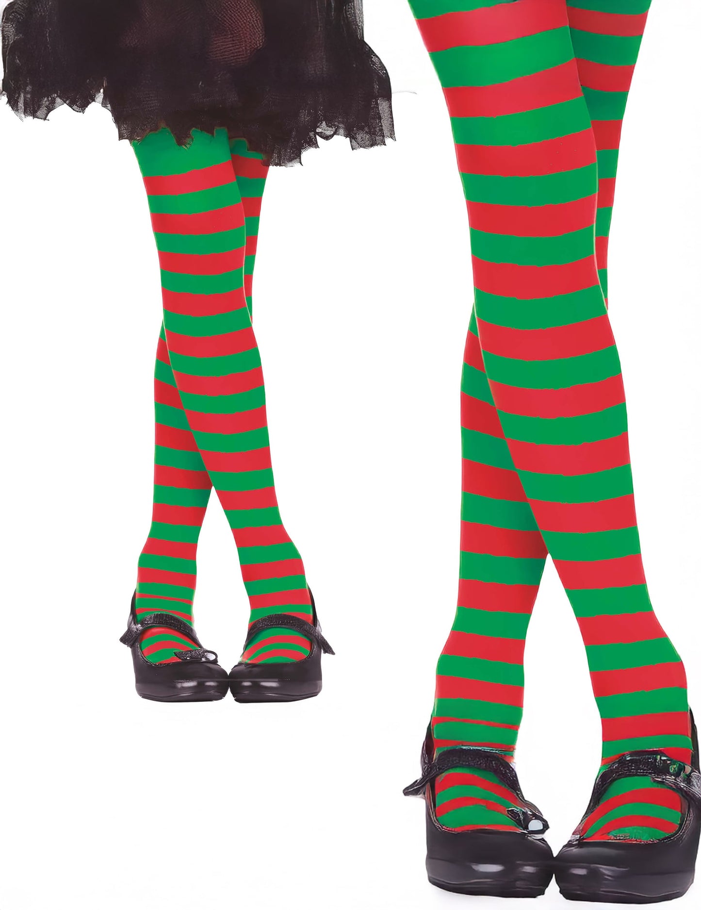 Détail du motif à rayures des collants rouge et vert pour enfant