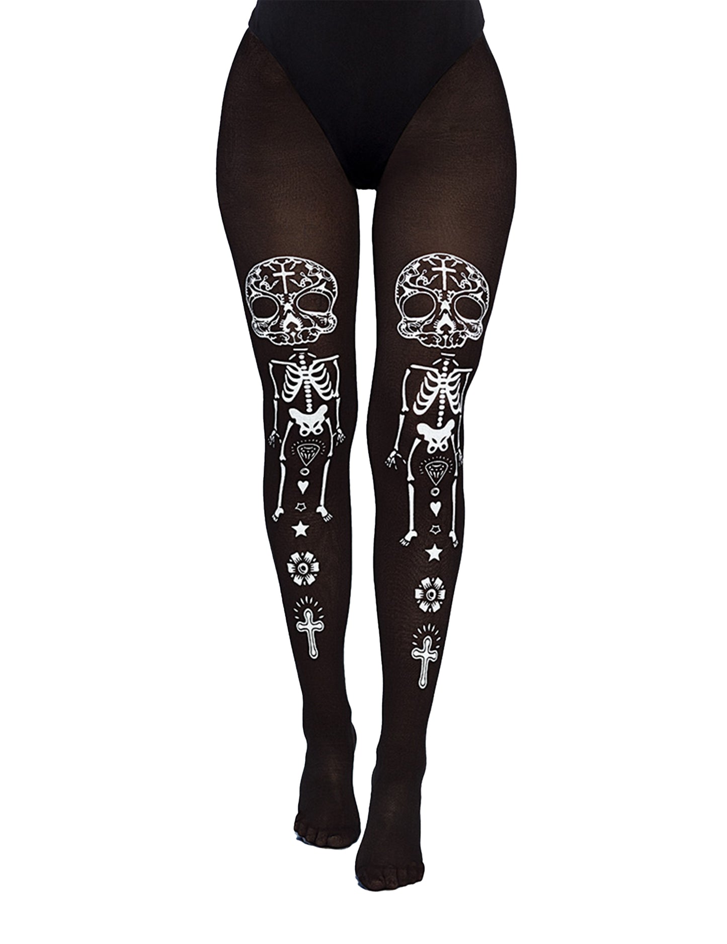 Gros plan sur les motifs du collant squelette Dia de los muertos