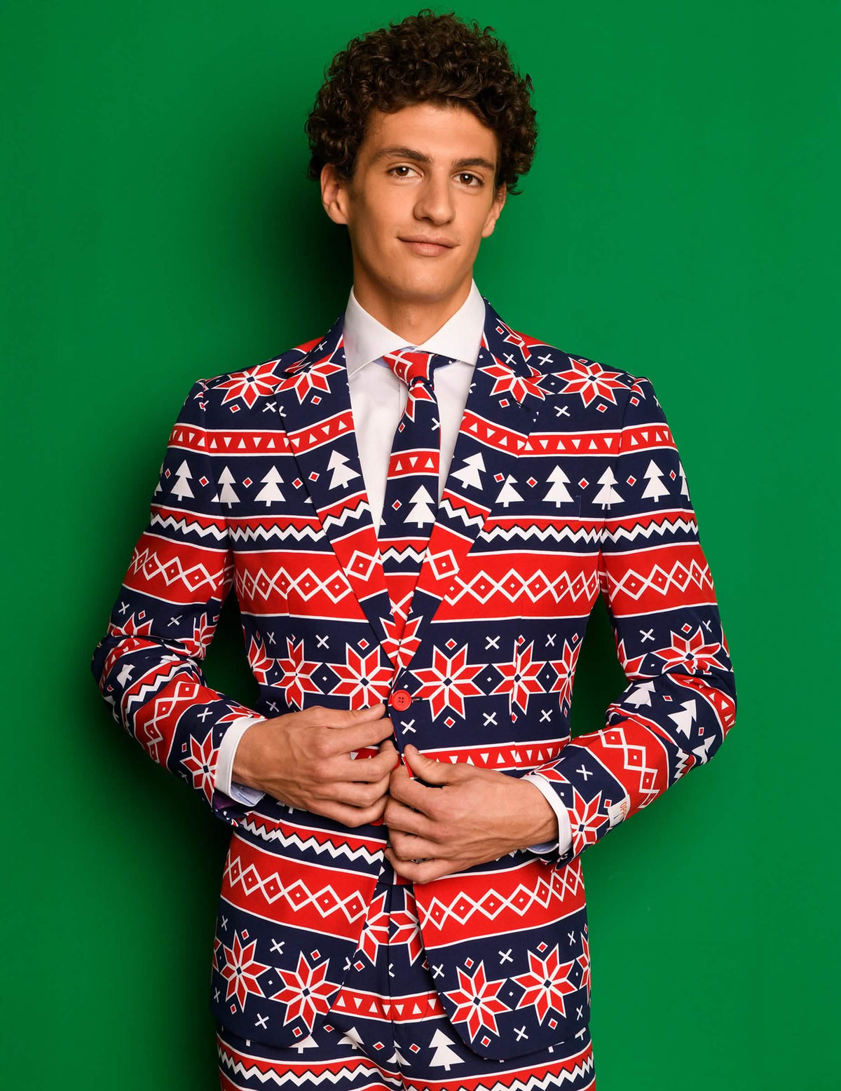Mr. Nordic Xmas férfi jelmez kék és piros skandináv mintákkal